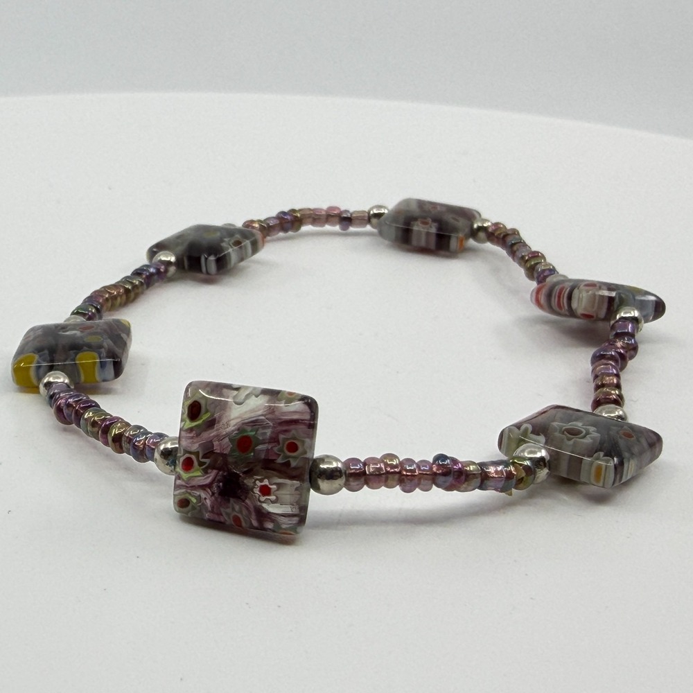 Y2K Boho Millefiori Glass Bead Bracelet - Purple Floral Statement Gift